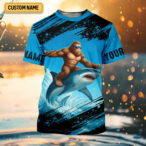Just A Casual Day With Bigfoot And His Shark Fishing UPF Shirts, Funny Fishing Shirt, Presents For Fishermen