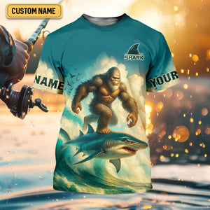 Bigfoot's New Ride Shark Surfing Fishing UPF Shirts, Funny Fishing Shirt, Presents For Fishermen