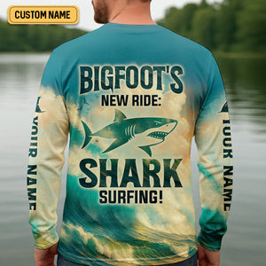 Bigfoot's New Ride Shark Surfing Fishing UPF Shirts, Funny Fishing Shirt, Presents For Fishermen