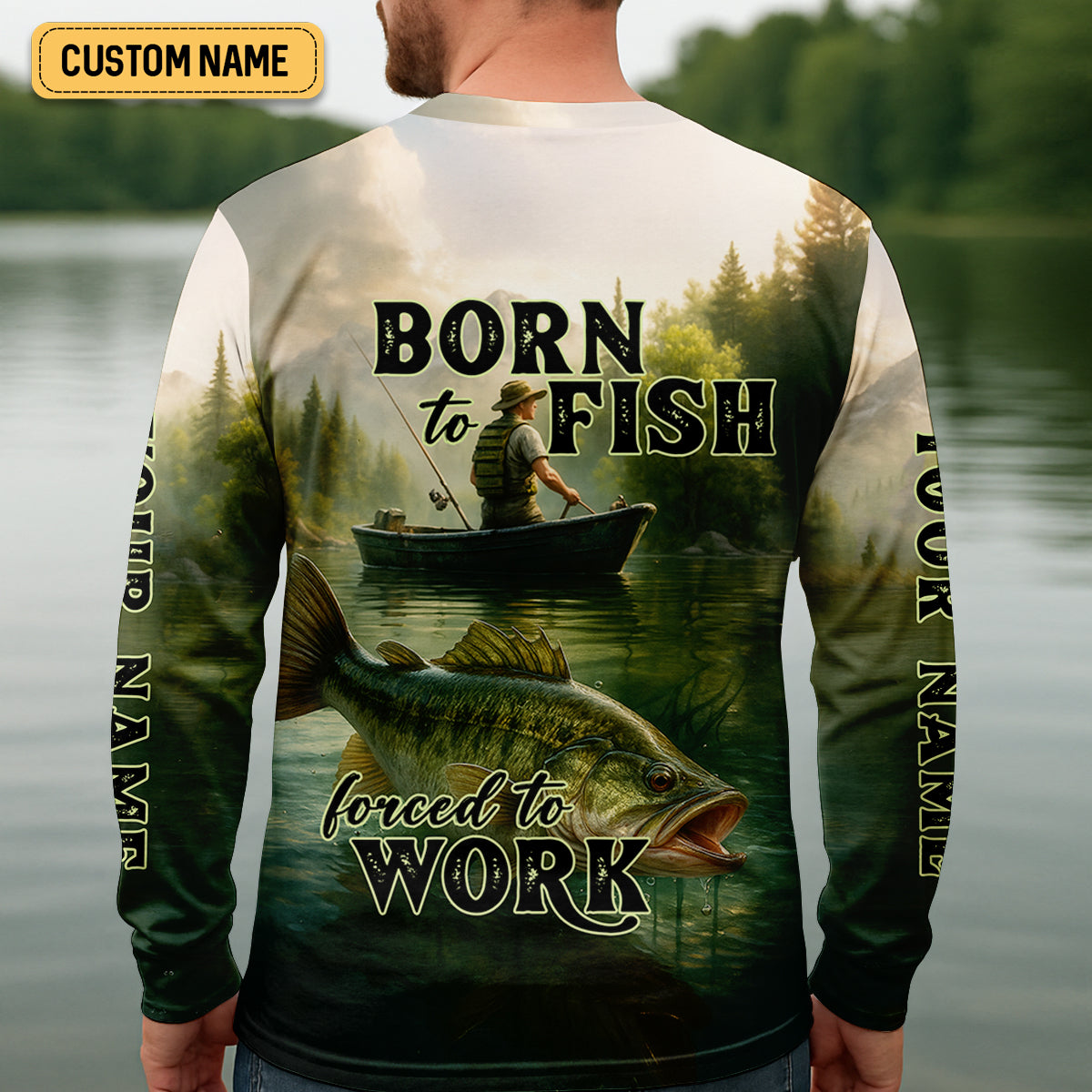 Born To Fish Forced To Work Fishing SPF Shirts, Custom Fishing Shirts, Fishing Shirts For Men, Funny Fisherman Gift