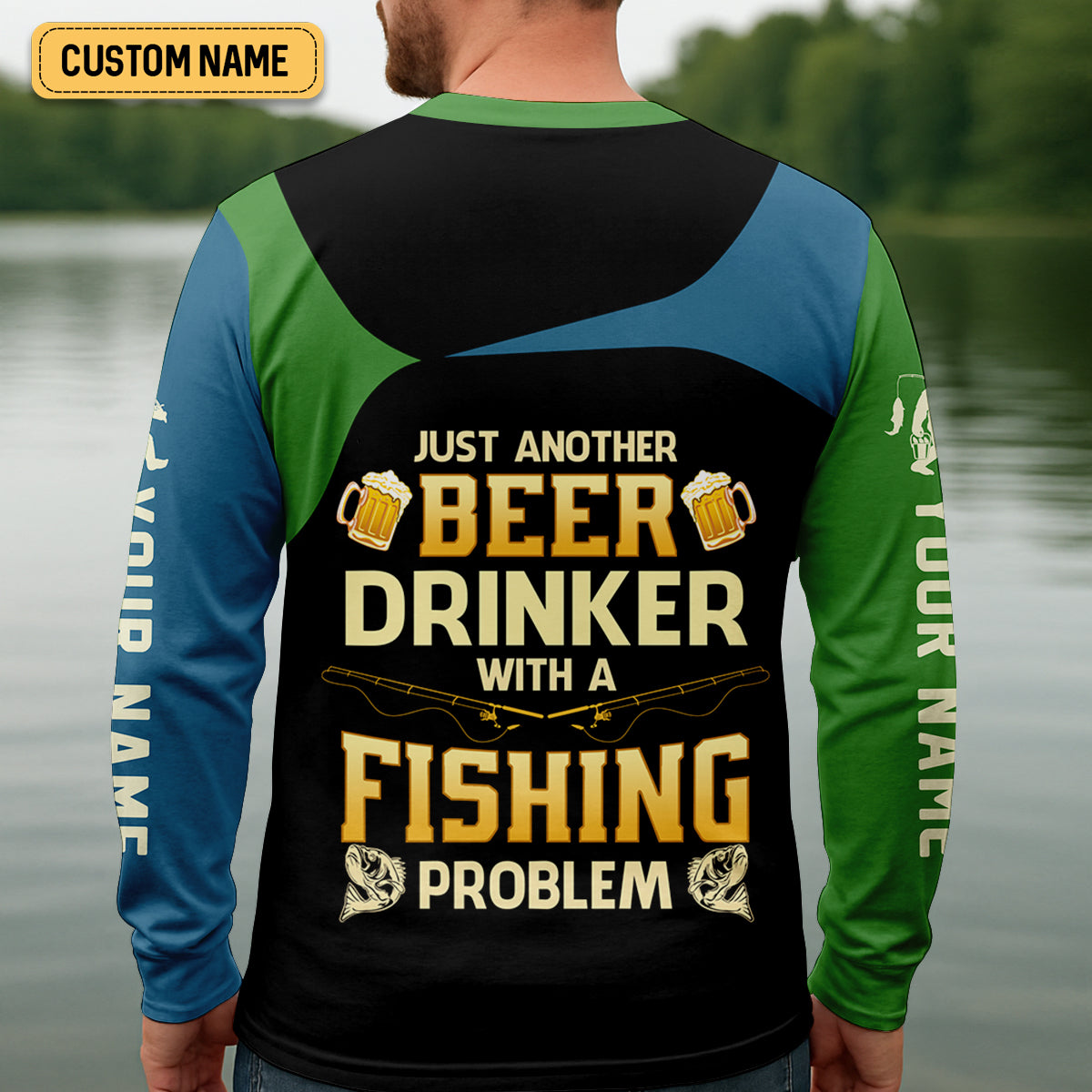 Bassquatch Just Another Beer Drinker With A Fishing Problem Funny Fishing UPF Shirts, Gift For Fisherman