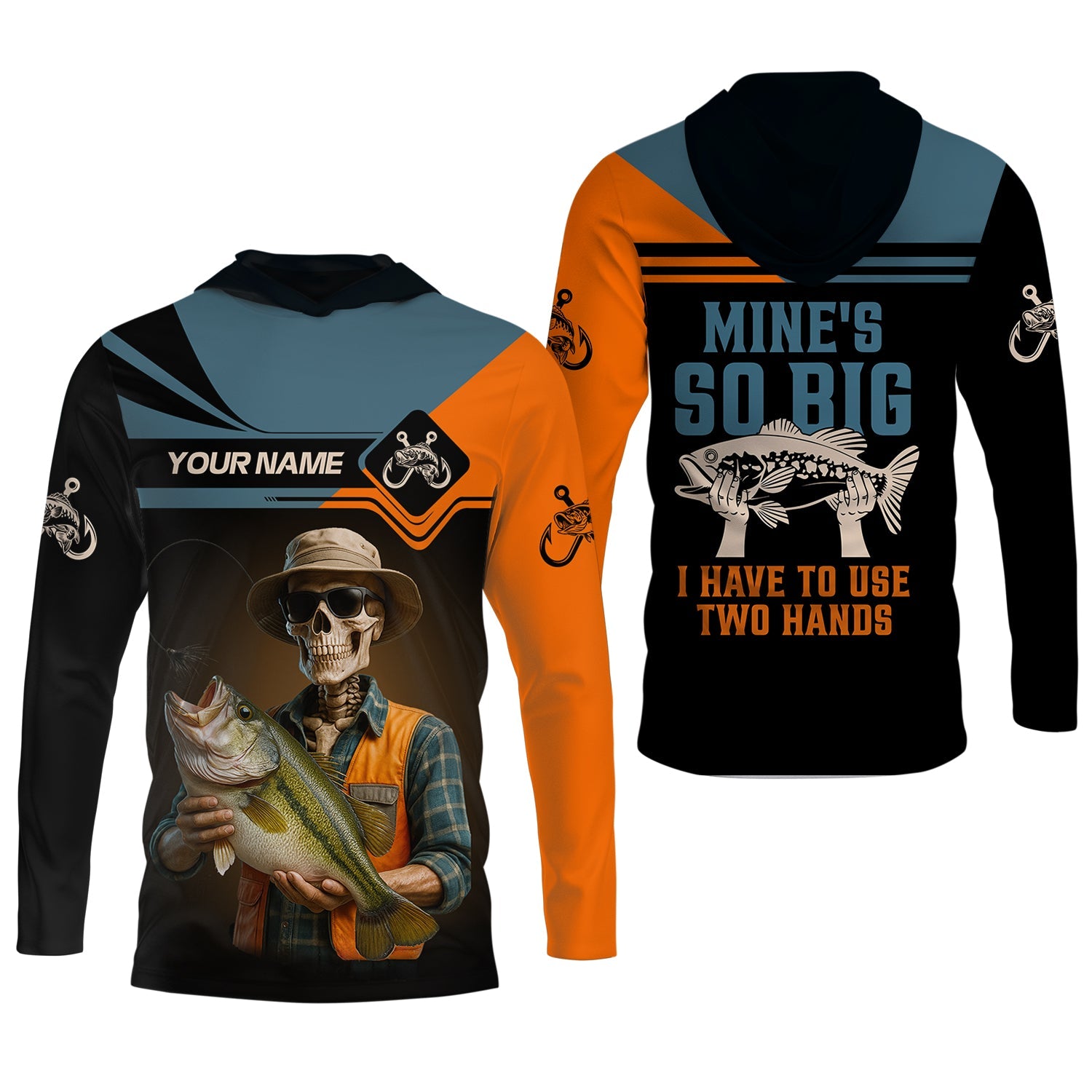 Mine's So Big I Have To Use Two Hands Skeleton Fishing UV Shirts, Presents For Fishermen, Funny Fishing Shirt