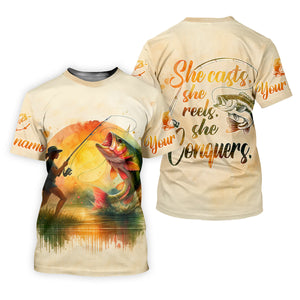 She Casts She Reels She Conquers Fishing UPF Shirts, Funny Fishing Shirt, Women Fishing Shirt