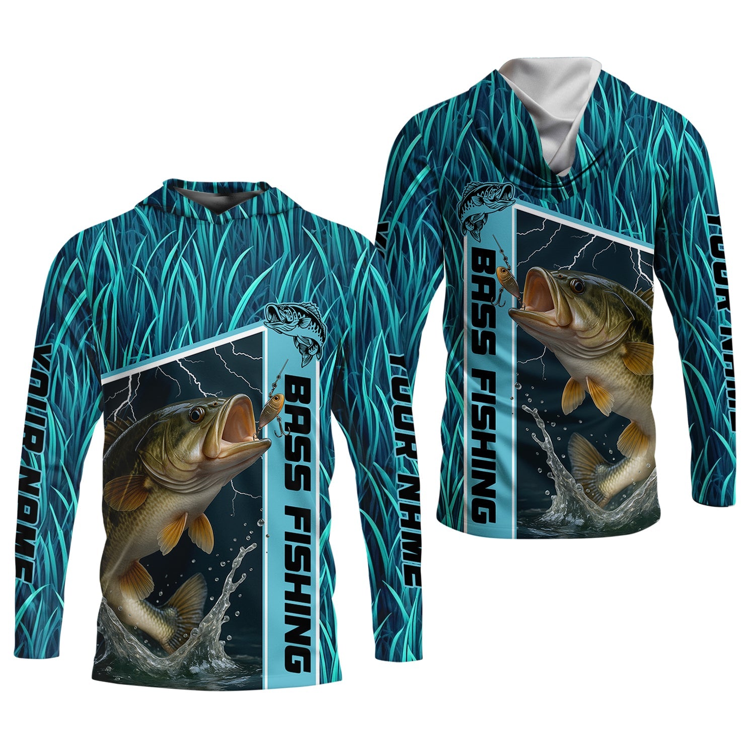 Teal Blue Tournament Fishing Shirts, SPF Long Sleeve Shirts, Fishing Shirts For Men
