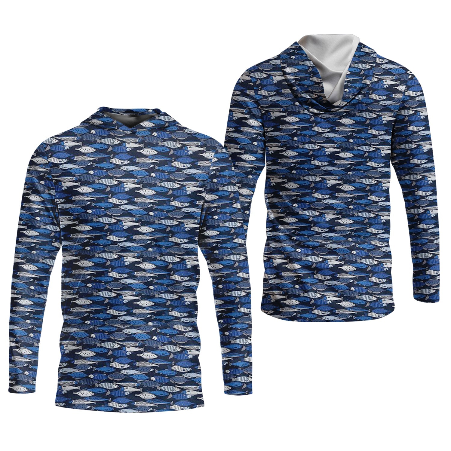 Blue Fish Pattern Performance Fishing Shirts, SPF Shirt For Men, Hooded Fishing Shirt, Fishing Shirts For Men
