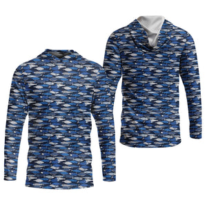 Blue Fish Pattern Performance Fishing Shirts, SPF Shirt For Men, Hooded Fishing Shirt, Fishing Shirts For Men