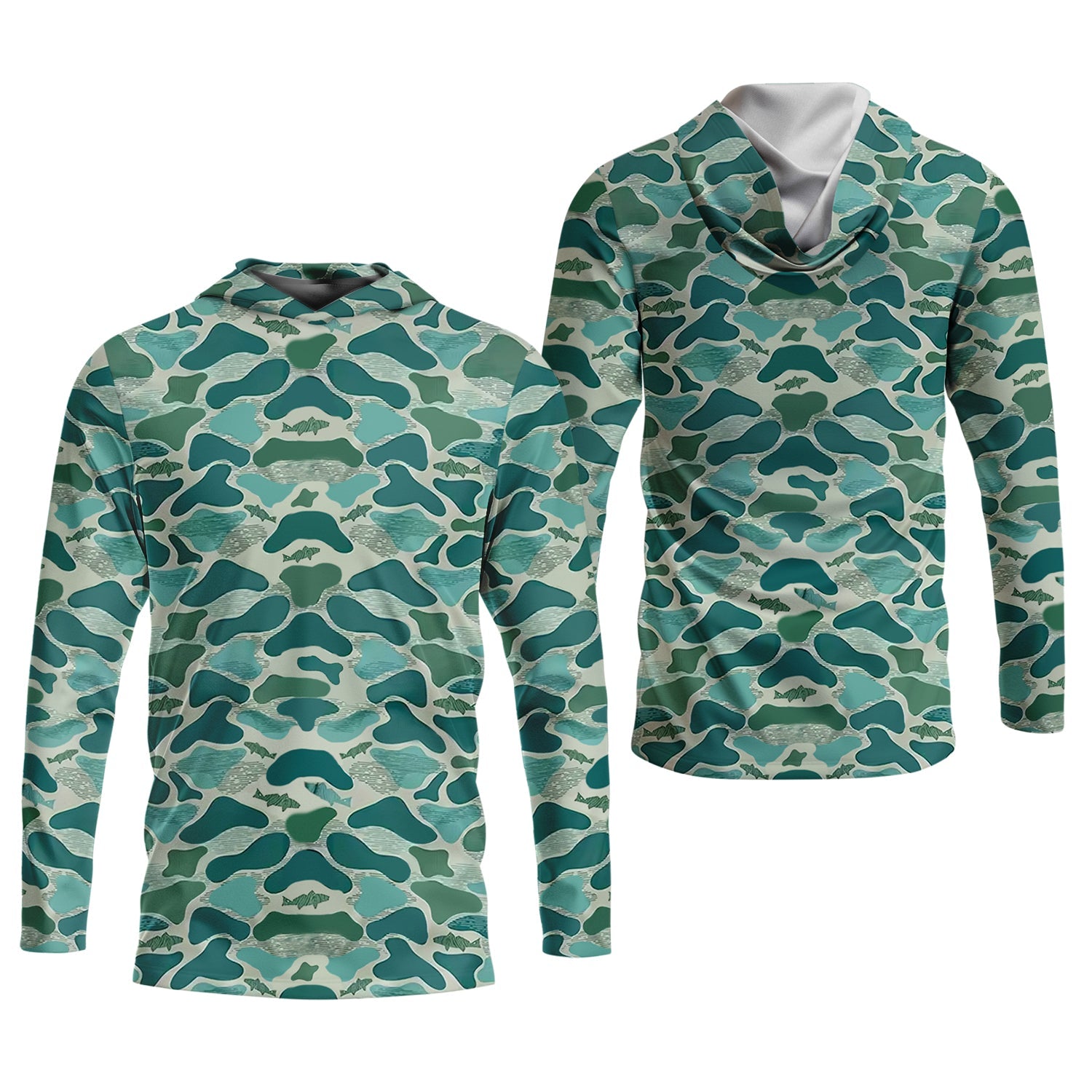 Green Camo Performance Fishing Shirts, SPF Shirt For Men, Hooded Fishing Shirt, Fishing Shirts For Men
