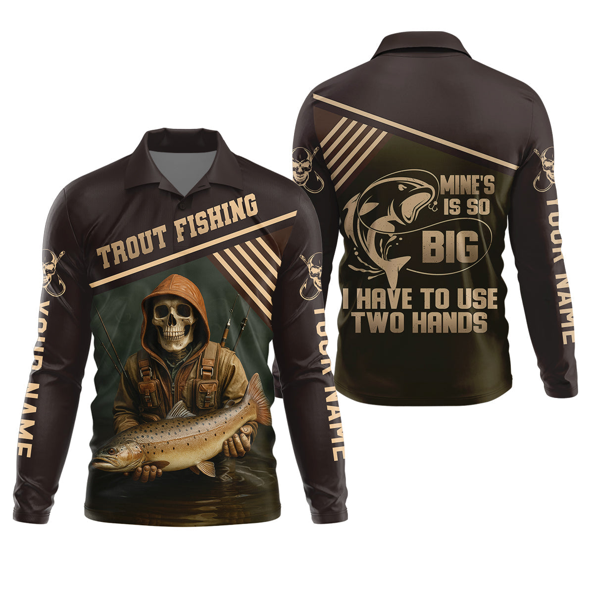 Mine's So Big I Have To Use Two Hands SPF Shirts, Trout Fishing Shirts, Fishing Shirts For Men, Funny Fisherman Gift