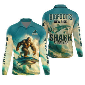 Bigfoot's New Ride Shark Surfing Fishing UPF Shirts, Funny Fishing Shirt, Presents For Fishermen