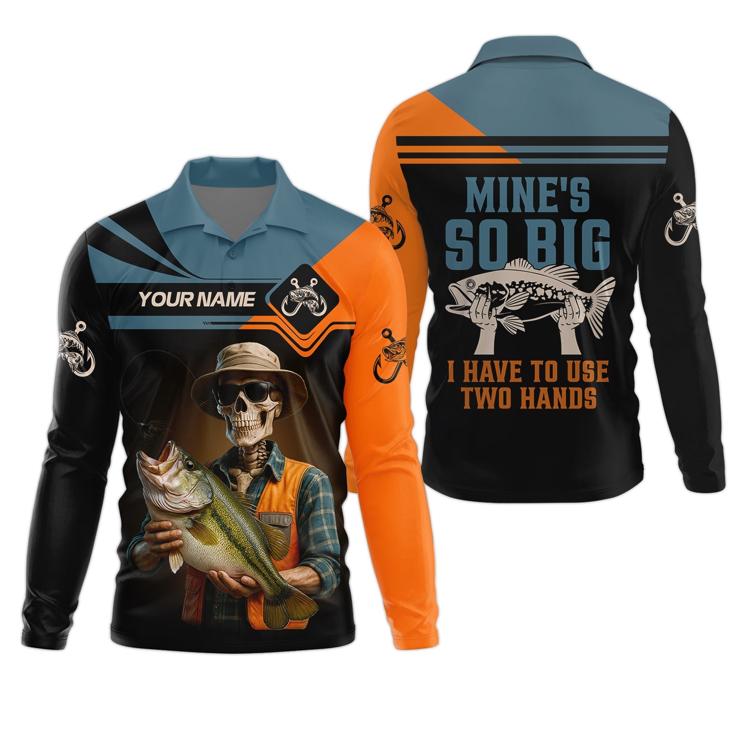 Mine's So Big I Have To Use Two Hands Skeleton Fishing UV Shirts, Presents For Fishermen, Funny Fishing Shirt