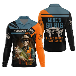 Mine's So Big I Have To Use Two Hands Skeleton Fishing UV Shirts, Presents For Fishermen, Funny Fishing Shirt