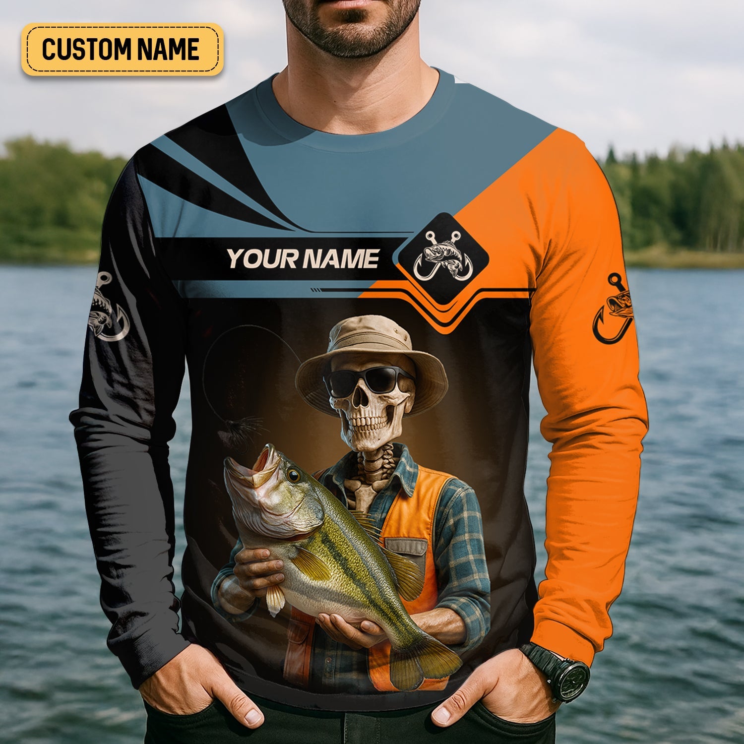 Mine's So Big I Have To Use Two Hands Skeleton Fishing UV Shirts, Presents For Fishermen, Funny Fishing Shirt