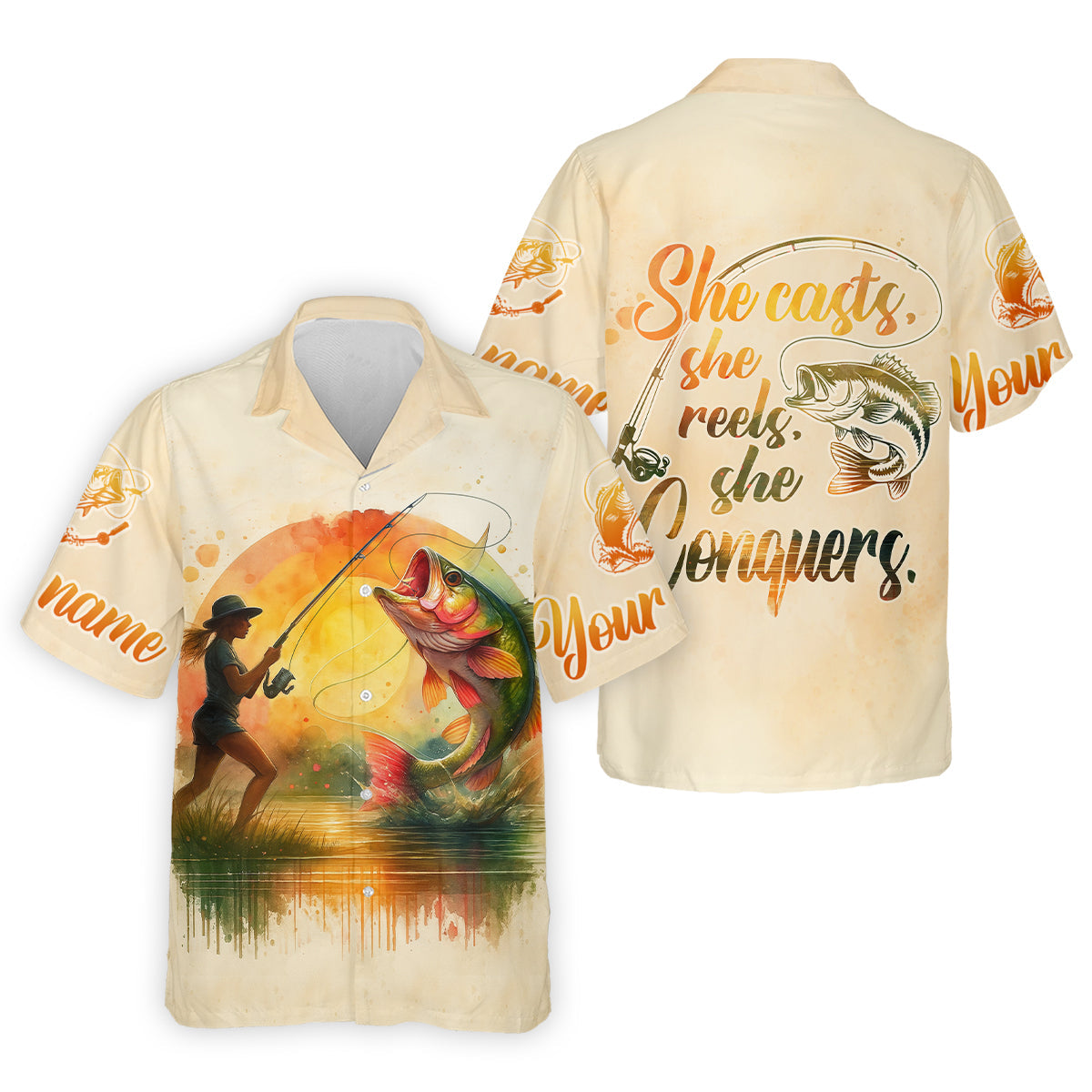 She Casts She Reels She Conquers Fishing UPF Shirts, Funny Fishing Shirt, Women Fishing Shirt