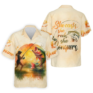 She Casts She Reels She Conquers Fishing UPF Shirts, Funny Fishing Shirt, Women Fishing Shirt