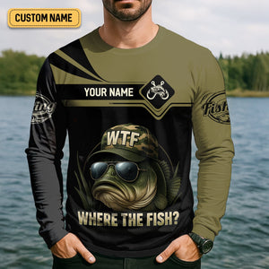 WTF Where The Fish Camo Bass Fishing Shirt, Funny Fishing Shirt, SPF Shirt For Men, Men's Fishing Shirt