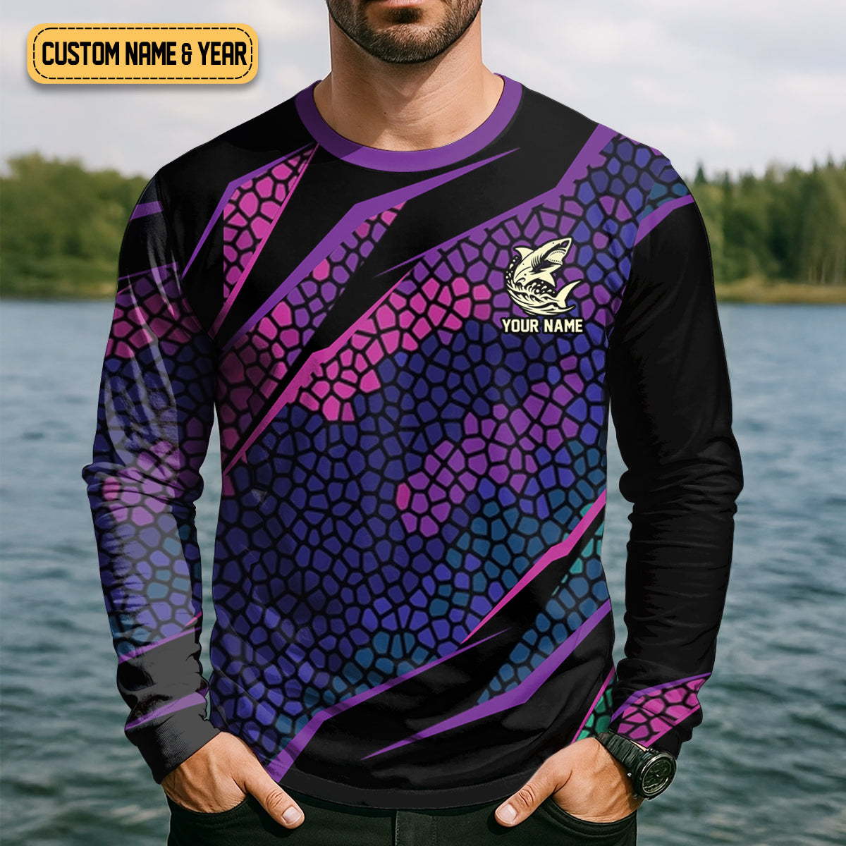 The Lone Below Shark And Skull Purple Fishing Shirt, SPF Shirt For Men, Men's Fishing Shirt
