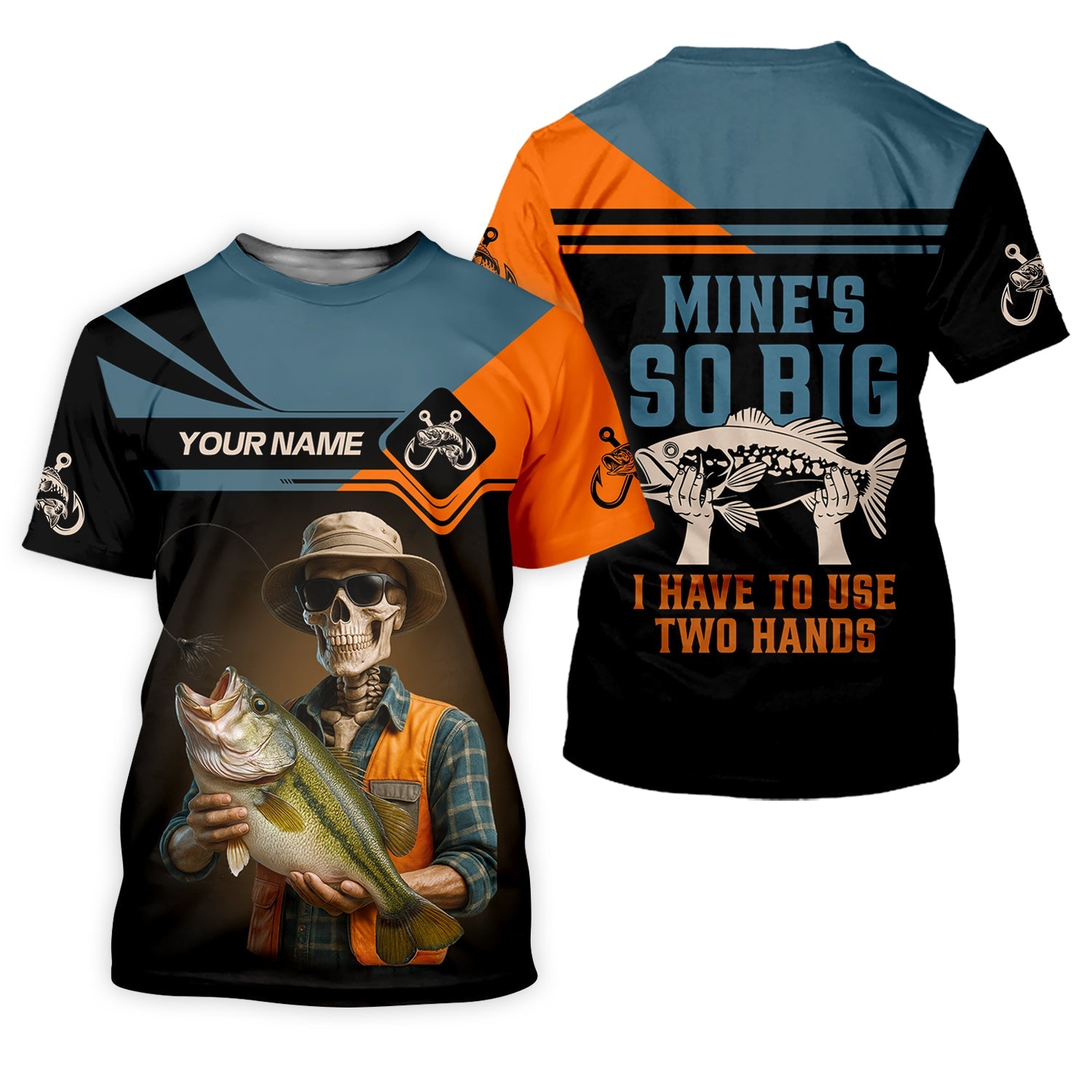 Mine's So Big I Have To Use Two Hands Skeleton Fishing UV Shirts, Presents For Fishermen, Funny Fishing Shirt