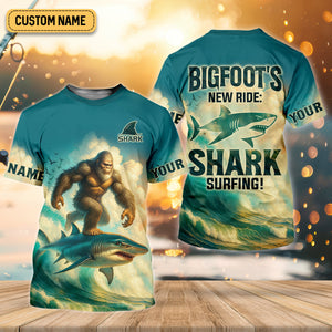 Bigfoot's New Ride Shark Surfing Fishing UPF Shirts, Funny Fishing Shirt, Presents For Fishermen