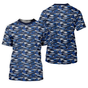Blue Fish Pattern Performance Fishing Shirts, SPF Shirt For Men, Hooded Fishing Shirt, Fishing Shirts For Men
