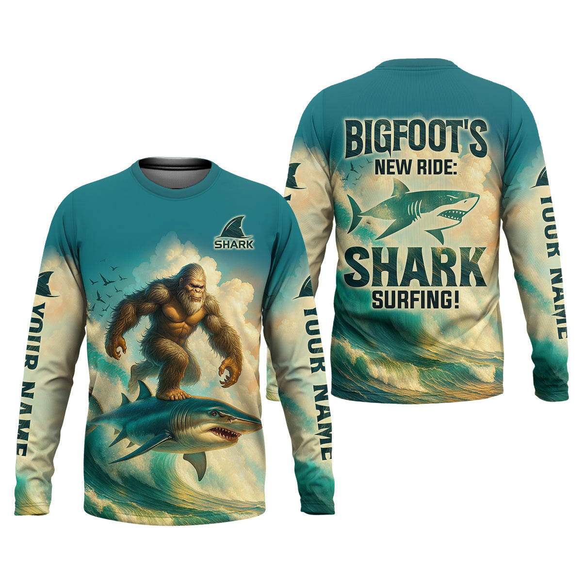 Bigfoot's New Ride Shark Surfing Fishing UPF Shirts, Funny Fishing Shirt, Presents For Fishermen