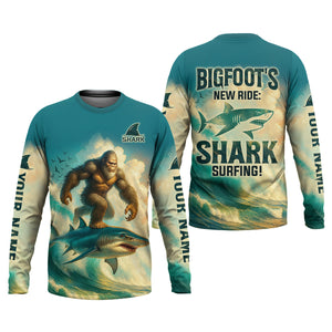 Bigfoot's New Ride Shark Surfing Fishing UPF Shirts, Funny Fishing Shirt, Presents For Fishermen