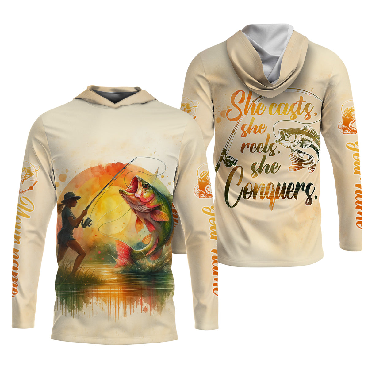 She Casts She Reels She Conquers Fishing UPF Shirts, Funny Fishing Shirt, Women Fishing Shirt