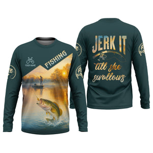 Jerk It Till She Swallows Fishing UV Shirts, Fish Shirt Funny, Fishing Jersey, Fishing Shirts For Men