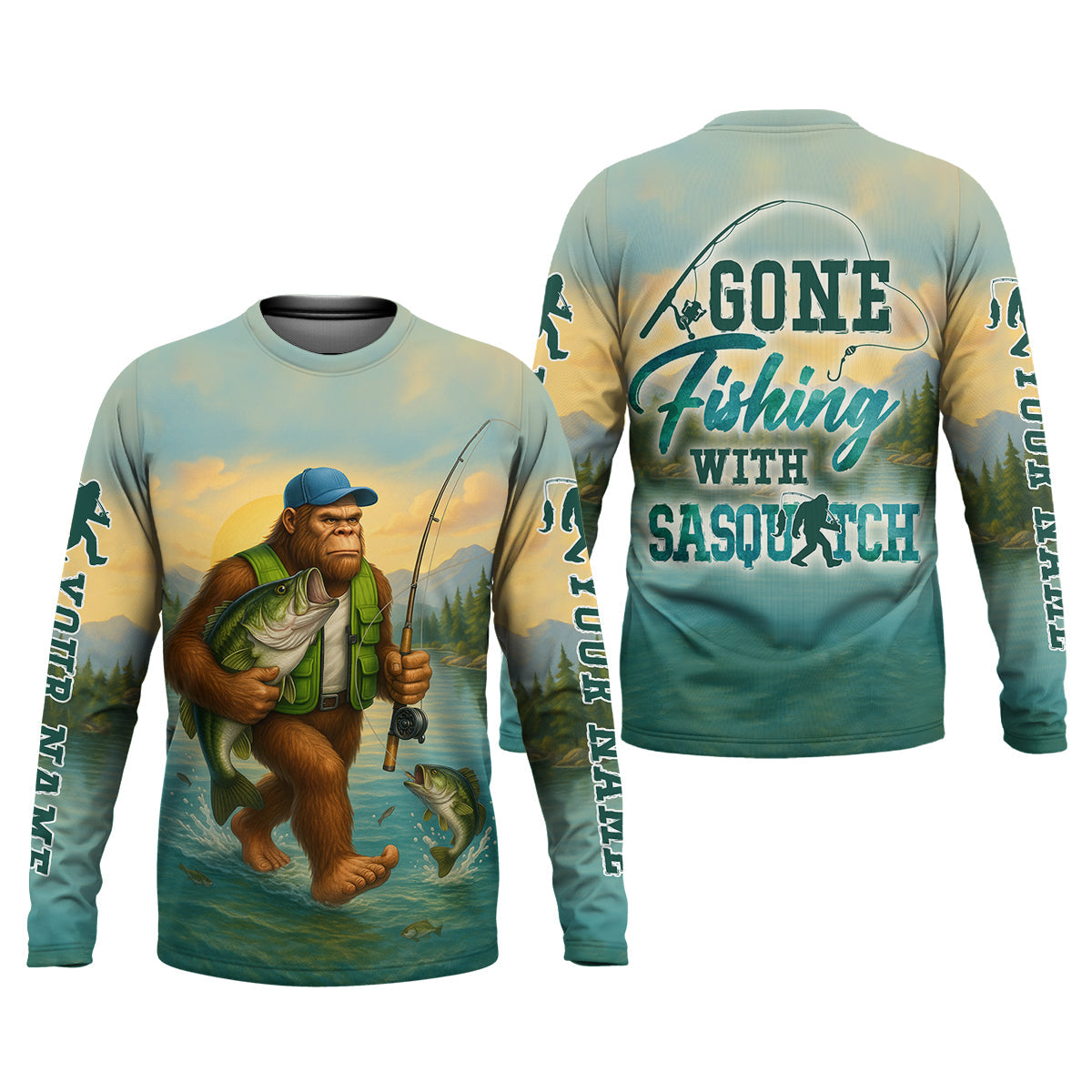 Gone Fishing With Sasquatch, Fishing Shirts, SPF Long Sleeve Shirts, Fishing Shirts For Men