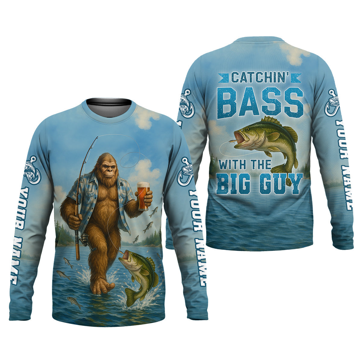 Catchin' Bass With The Big Guy, Fishing Shirts, SPF Long Sleeve Shirts, Fishing Shirts For Men