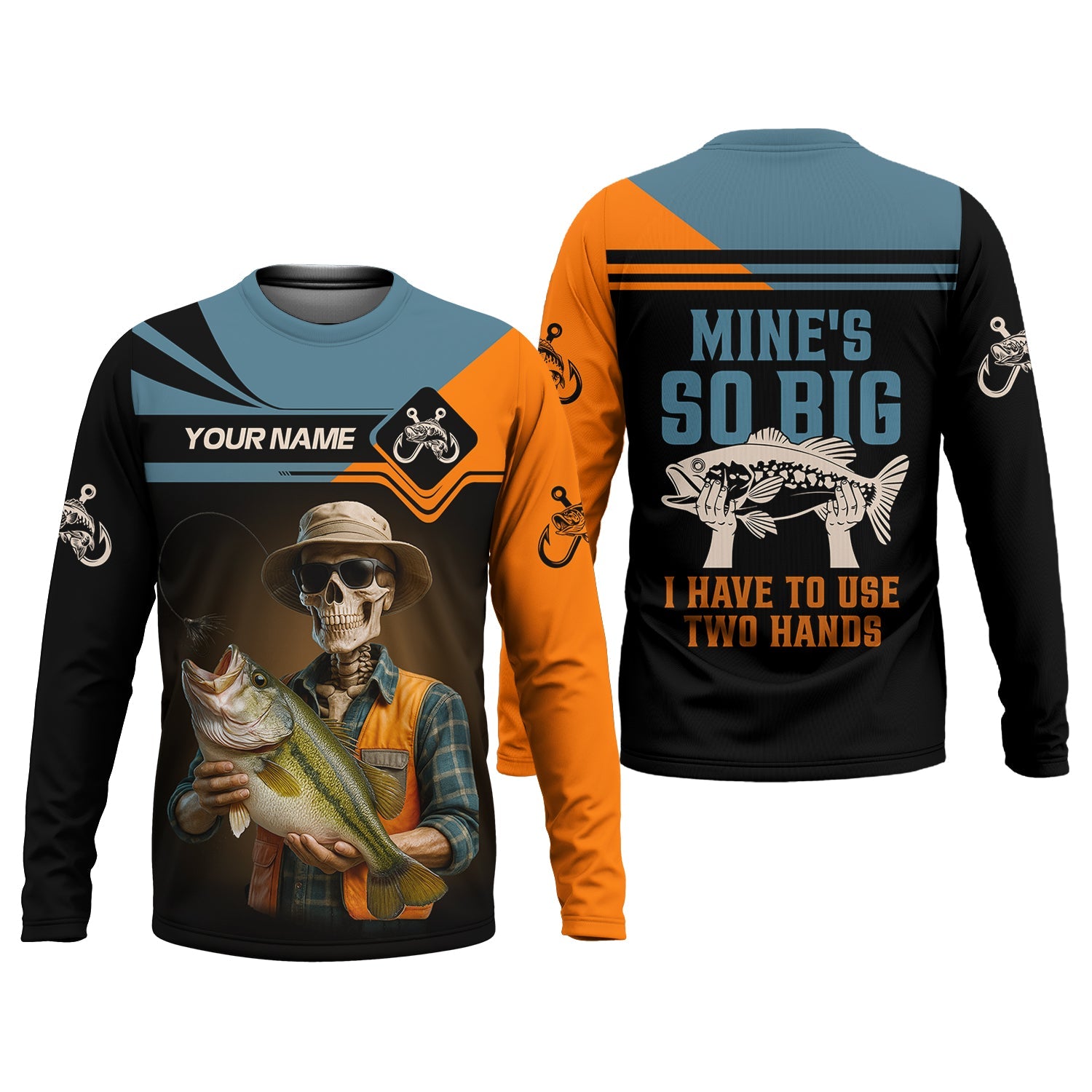 Mine's So Big I Have To Use Two Hands Skeleton Fishing UV Shirts, Presents For Fishermen, Funny Fishing Shirt