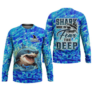 Shark Fishing UPF Shirts, Shark Mode On Fear The Deep, Funny Fishing Shirt, Gift For Fisherman