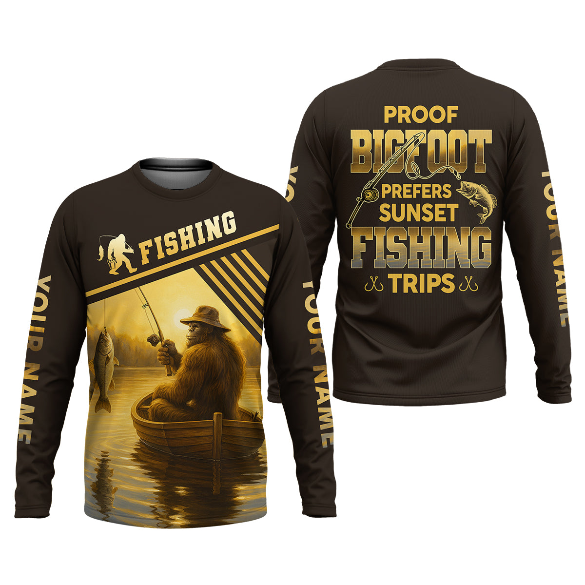 Proof Bigfoot Prefers Sunset Fishing Trips Fishing UPF Shirts, Funny Fishing Shirt, Fishing Shirts For Men