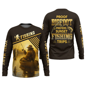 Proof Bigfoot Prefers Sunset Fishing Trips Fishing UPF Shirts, Funny Fishing Shirt, Fishing Shirts For Men