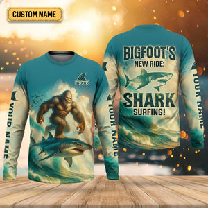 Bigfoot's New Ride Shark Surfing Fishing UPF Shirts, Funny Fishing Shirt, Presents For Fishermen