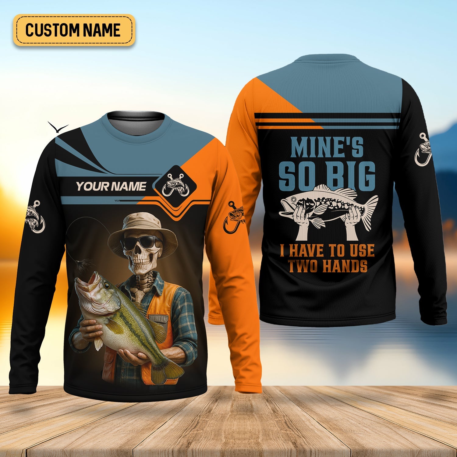 Mine's So Big I Have To Use Two Hands Skeleton Fishing UV Shirts, Presents For Fishermen, Funny Fishing Shirt
