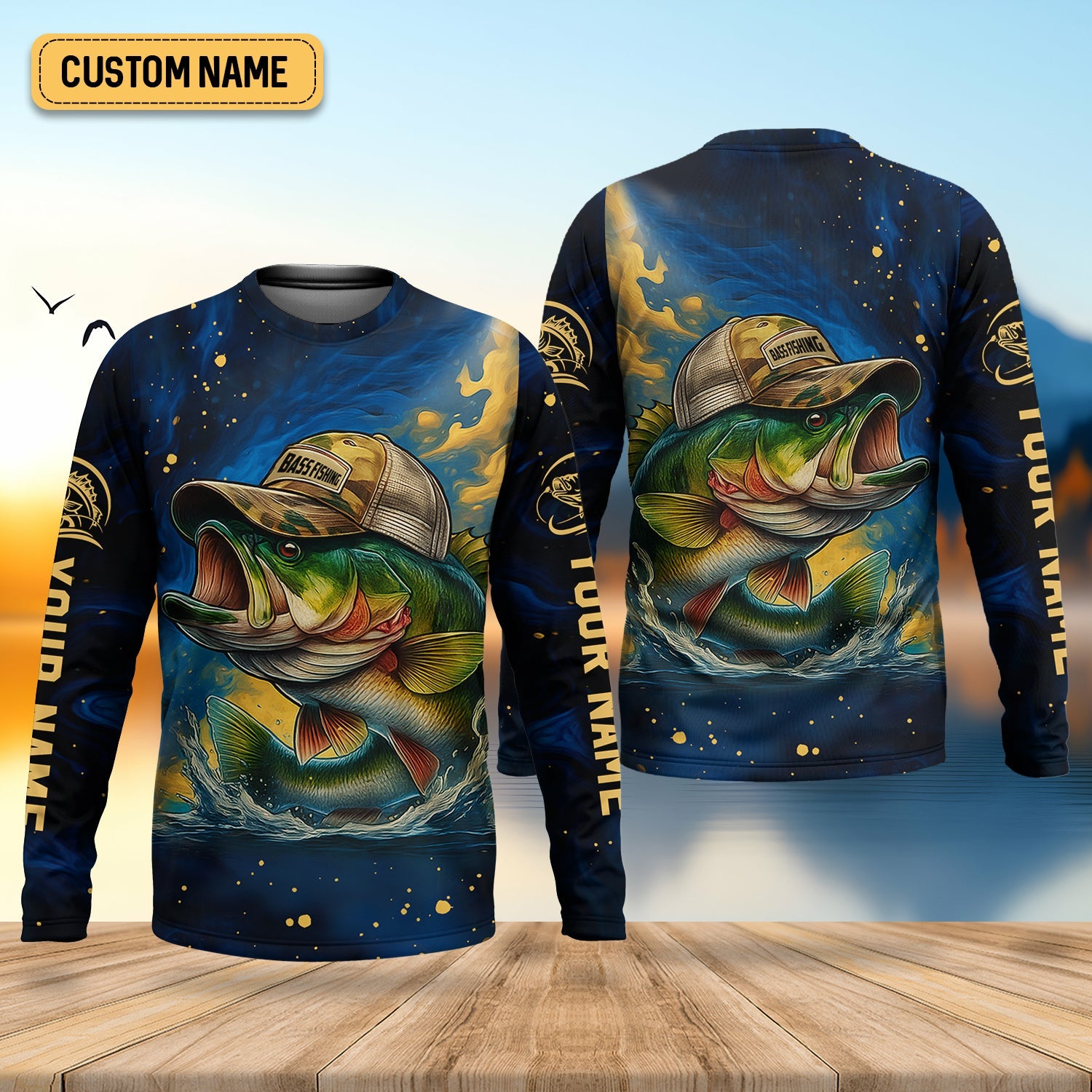 Bass Fishing Shirt, Camo Long Sleeve Shirt, SPF Shirt For Men, Gift For Fisherman