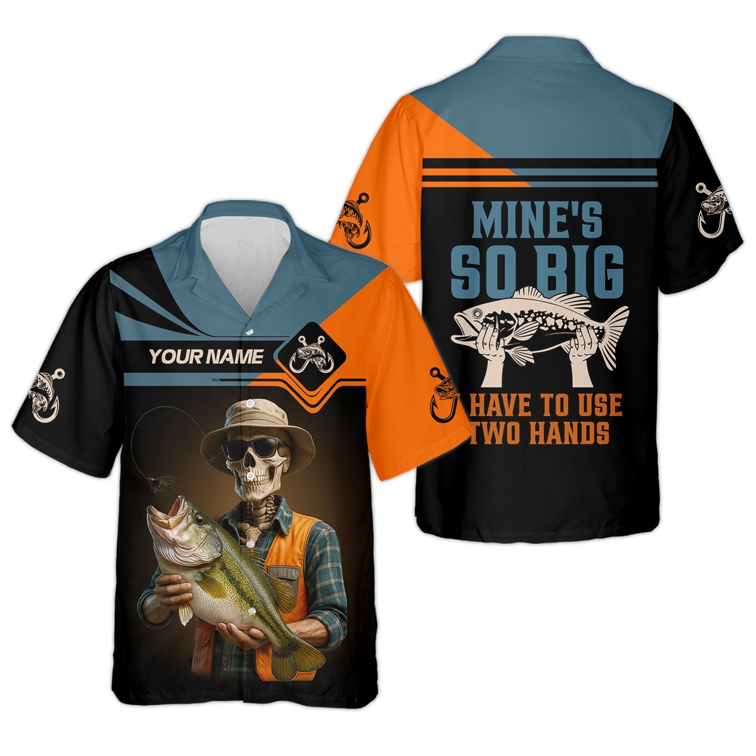 Mine's So Big I Have To Use Two Hands Skeleton Fishing UV Shirts, Presents For Fishermen, Funny Fishing Shirt