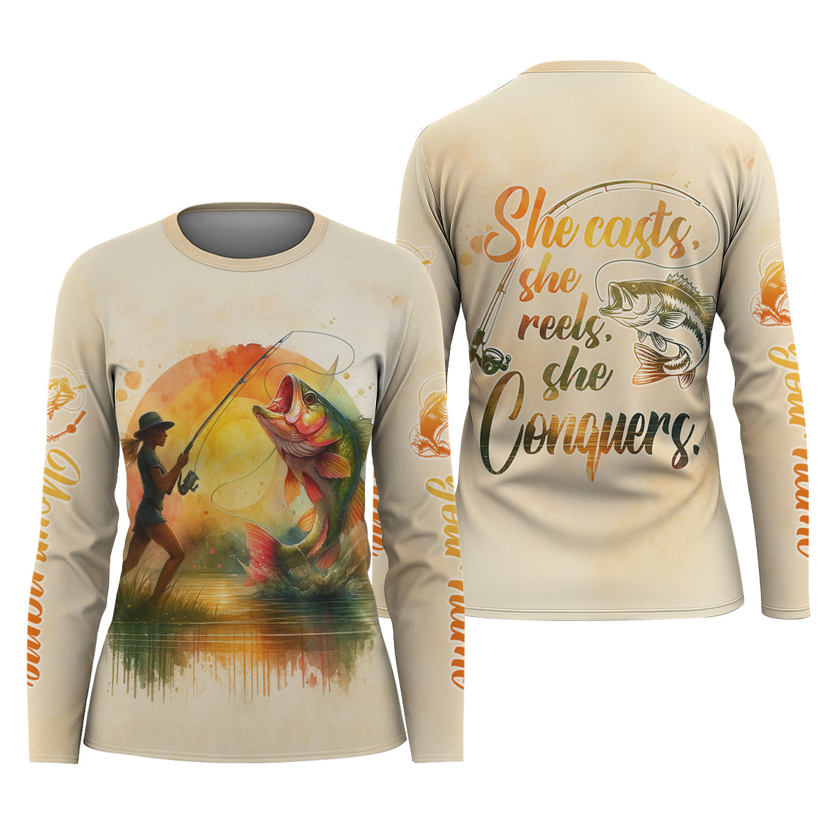 She Casts She Reels She Conquers Fishing UPF Shirts, Funny Fishing Shirt, Women Fishing Shirt