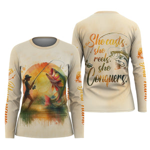 She Casts She Reels She Conquers Fishing UPF Shirts, Funny Fishing Shirt, Women Fishing Shirt