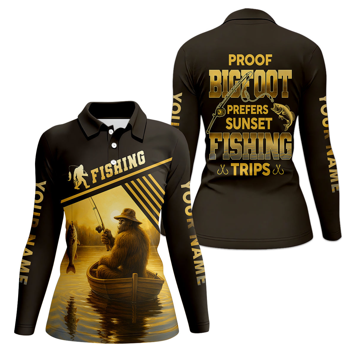 Proof Bigfoot Prefers Sunset Fishing Trips Fishing UPF Shirts, Funny Fishing Shirt, Women Fishing Shirt