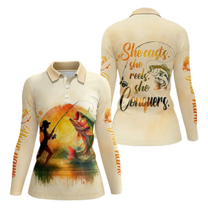She Casts She Reels She Conquers Fishing UPF Shirts, Funny Fishing Shirt, Women Fishing Shirt