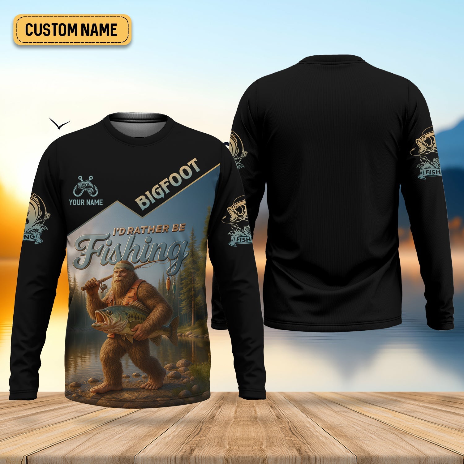 I'd Rather Be Fishing, Bigfoot Fishing UPF Shirts, Fish Shirt Funny, Long Sleeve Fishing Shirts