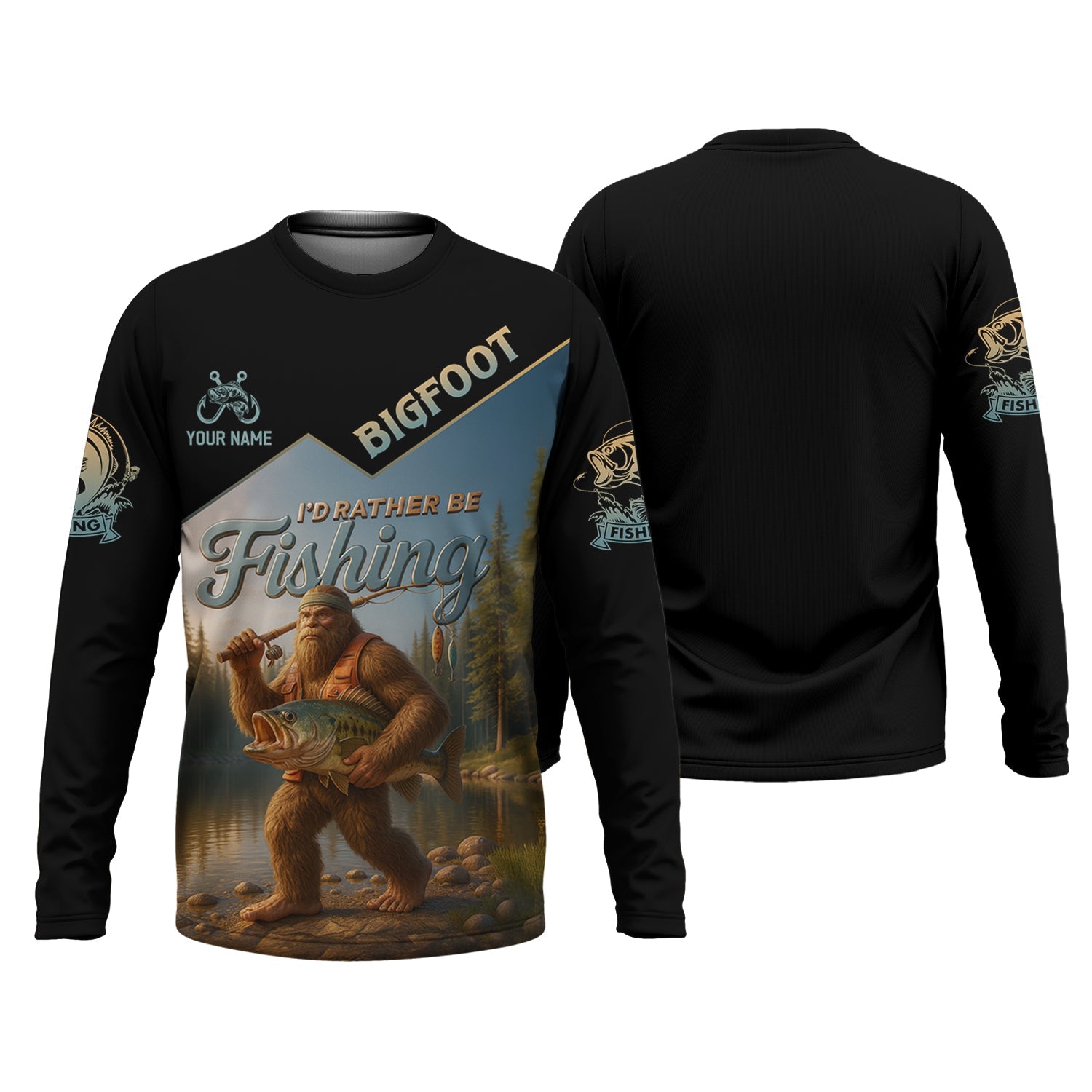 I'd Rather Be Fishing, Bigfoot Fishing UPF Shirts, Fish Shirt Funny, Long Sleeve Fishing Shirts