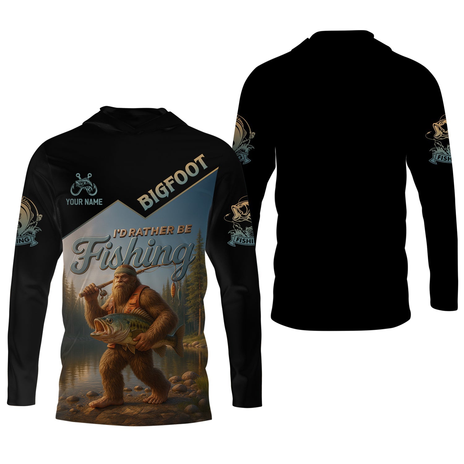 I'd Rather Be Fishing, Bigfoot Fishing UPF Shirts, Fish Shirt Funny, Long Sleeve Fishing Shirts