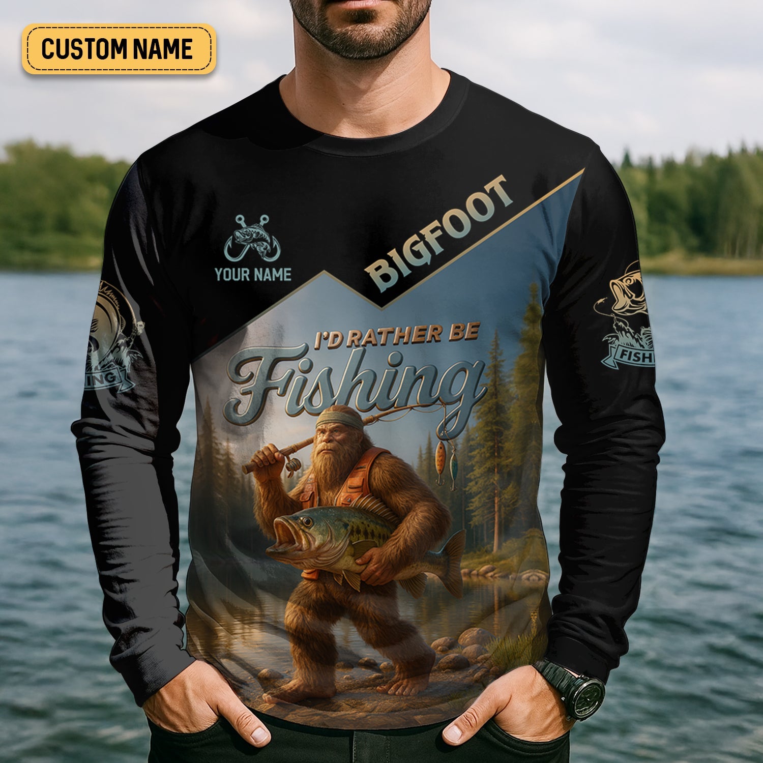 I'd Rather Be Fishing, Bigfoot Fishing UPF Shirts, Fish Shirt Funny, Long Sleeve Fishing Shirts