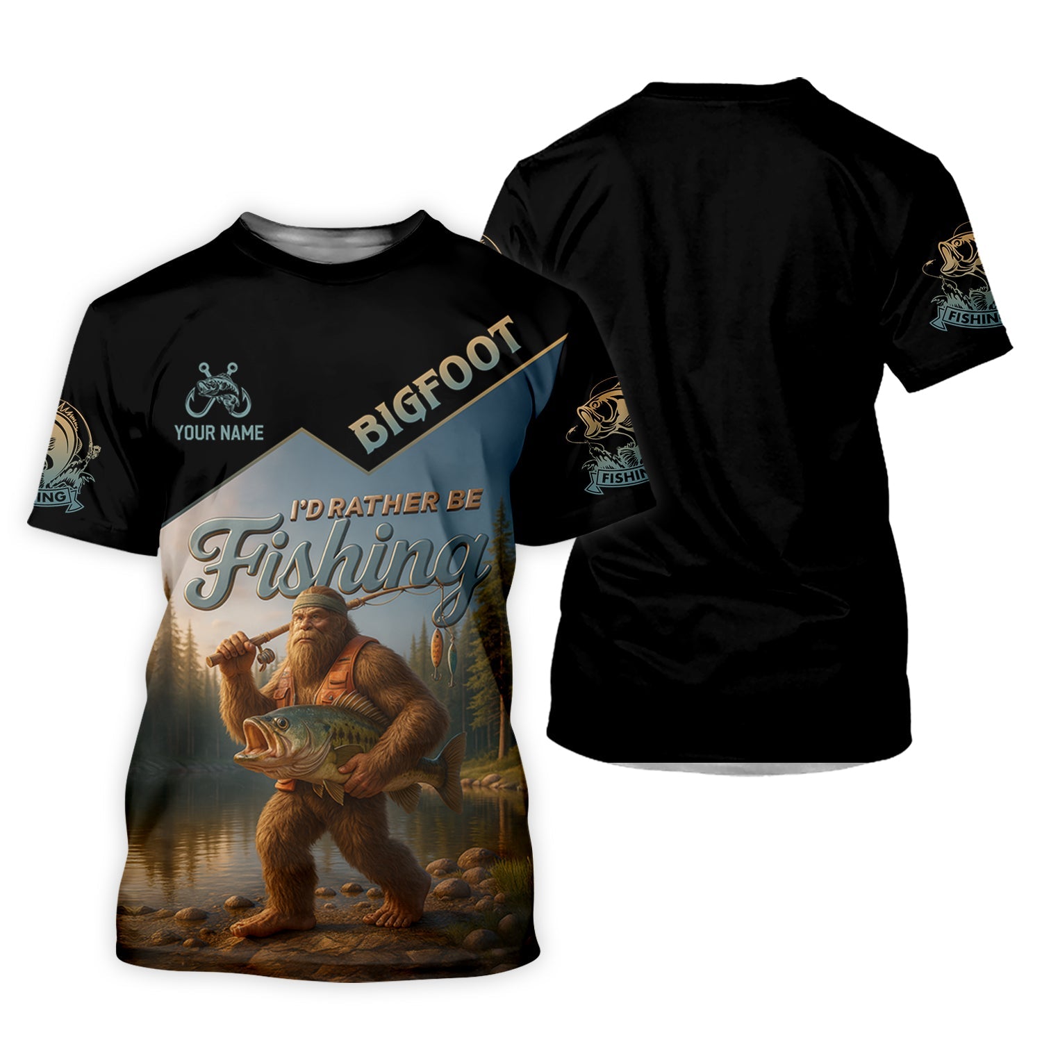 I'd Rather Be Fishing, Bigfoot Fishing UPF Shirts, Fish Shirt Funny, Long Sleeve Fishing Shirts