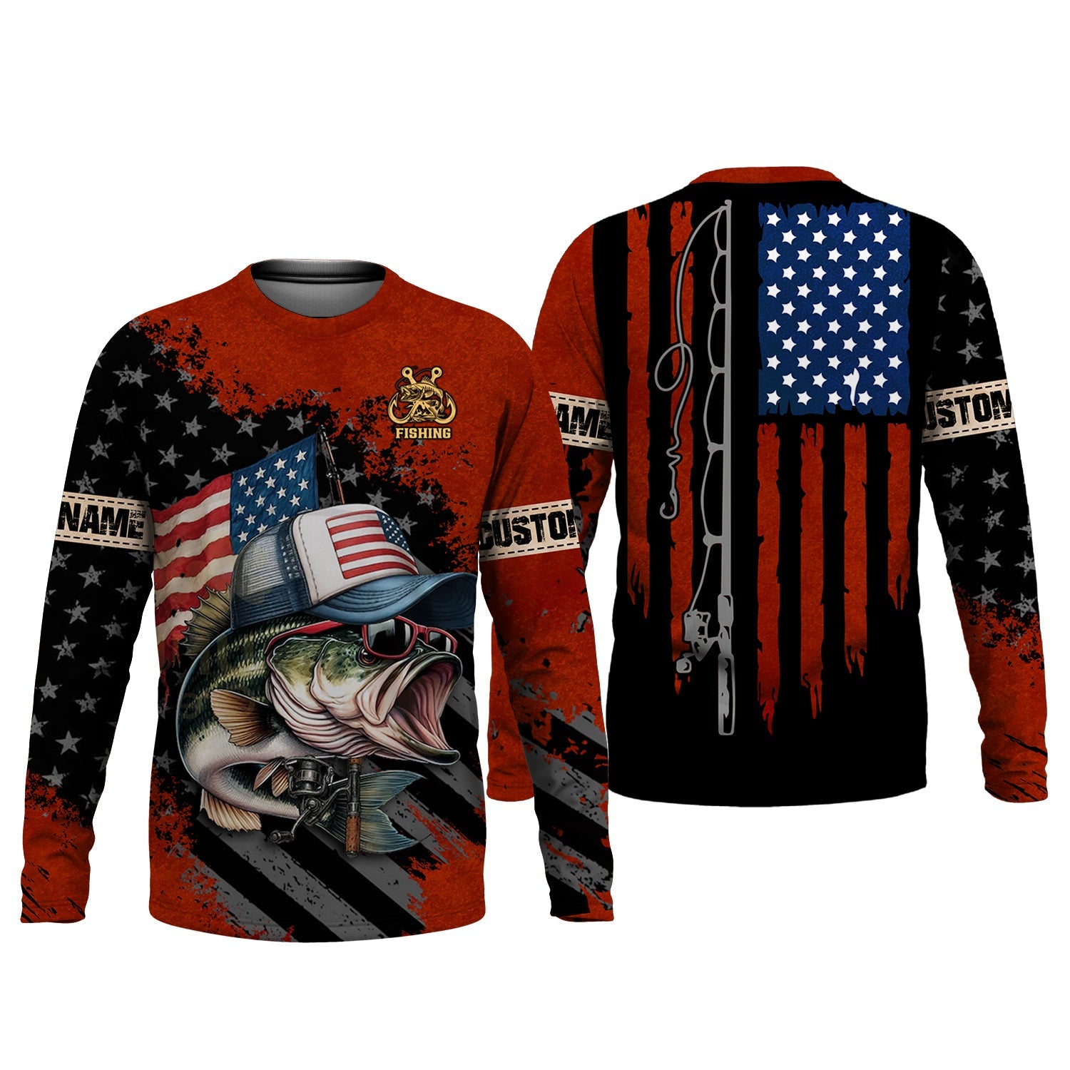 Patriotic Fishing Shirt, Largemouth Bass Fishing SPF Shirt, Fisherman Outfit, Men Long Sleeve Shirt