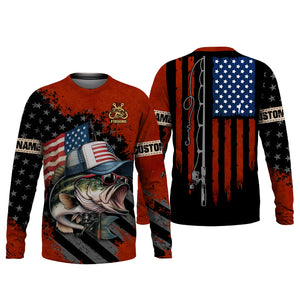 Patriotic Fishing Shirt, Largemouth Bass Fishing SPF Shirt, Fisherman Outfit, Men Long Sleeve Shirt