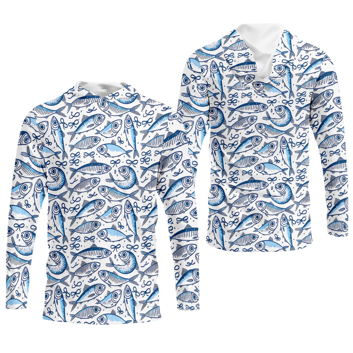 Navy Fish Pattern Fishing UPF Shirts, Men's Fishing Shirts Long Sleeve, Presents For Fishermen