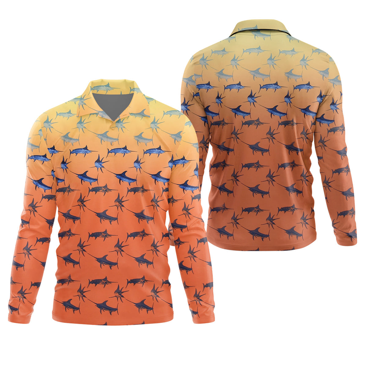 Swordfish Pattern Orange Fishing Shirt, Cute Fishing Outfits, SPF Shirt For Men, Men's Fishing Shirt